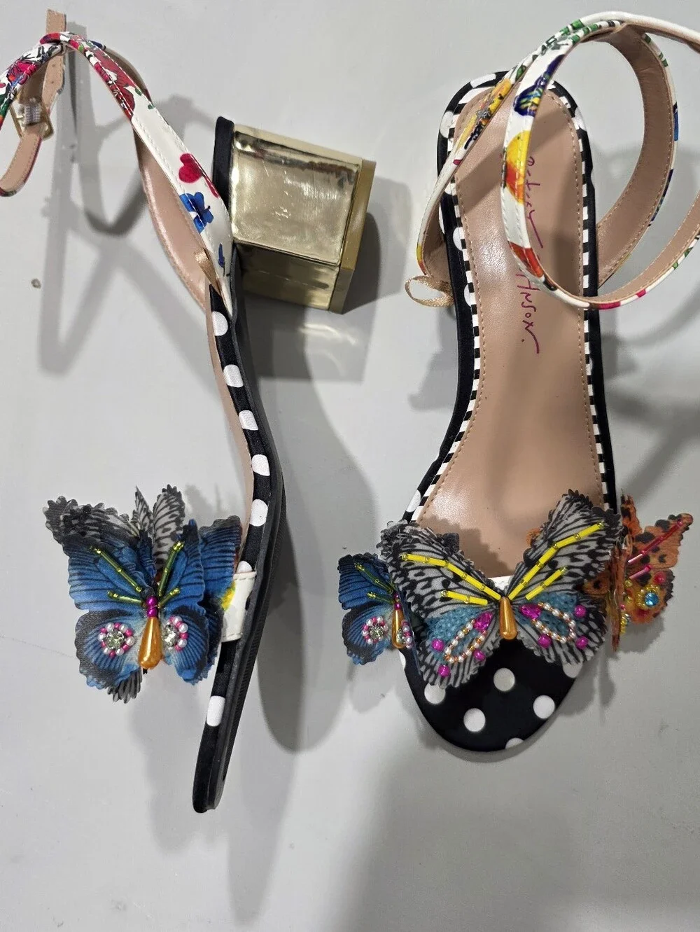 Betsey Johnson Black Polka Dot Sandals with Multicolor Butterfly Embellishments - Picture 10 of 13